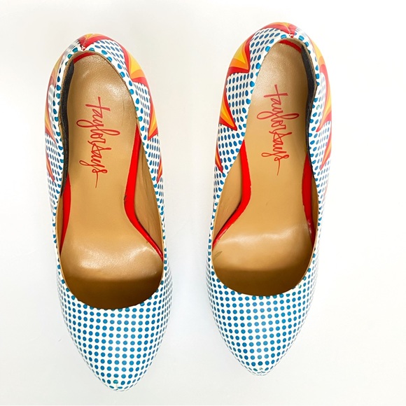 TAYLOR SAYS TALIA COMIC EXPLOSION blue white polka dot yellow red platform heels - Picture 9 of 14